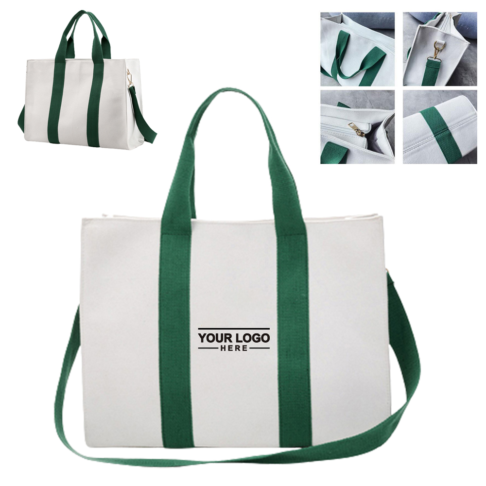 Zipper Closure Canvas Tote Bag W/ Removable Shoulder Strap
