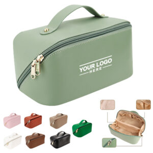 Large Capacity PU Leather Travel Makeup Bag with Handle and Zipper Closure