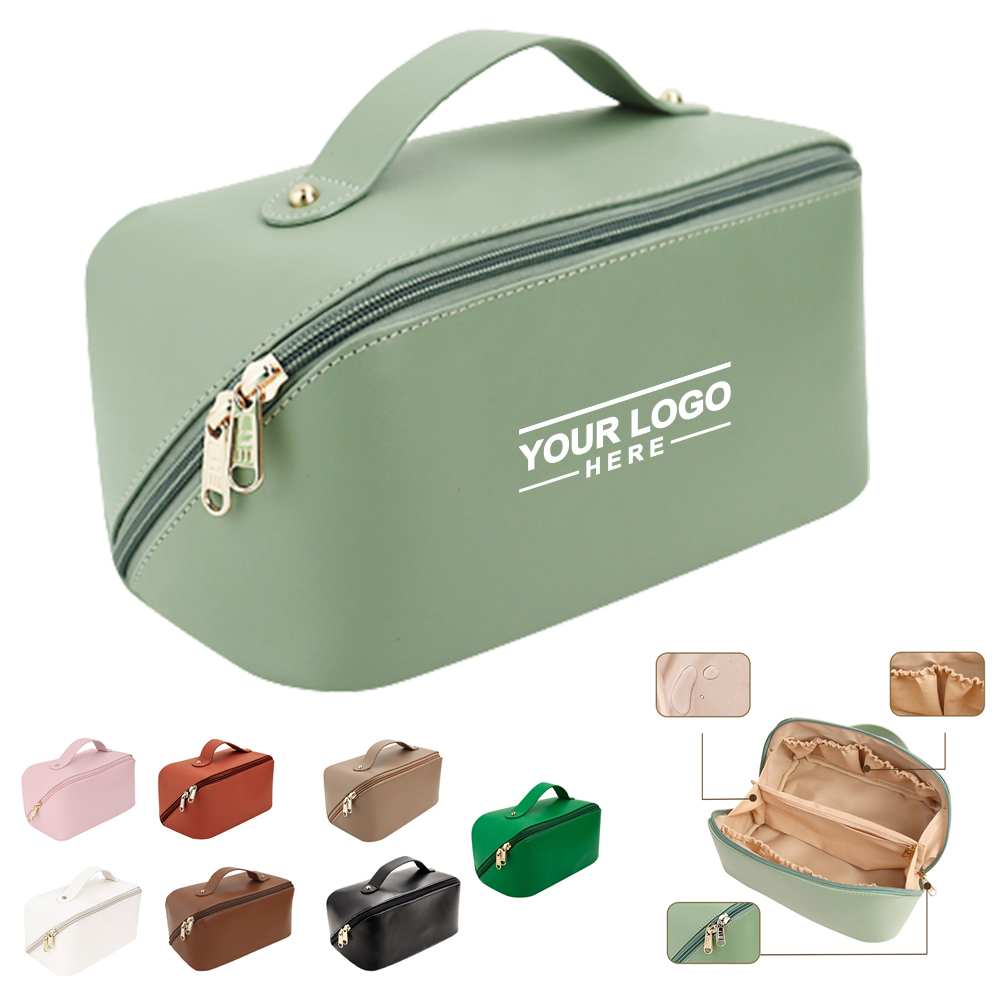 Large Capacity PU Leather Travel Makeup Bag with Handle and Zipper Closure