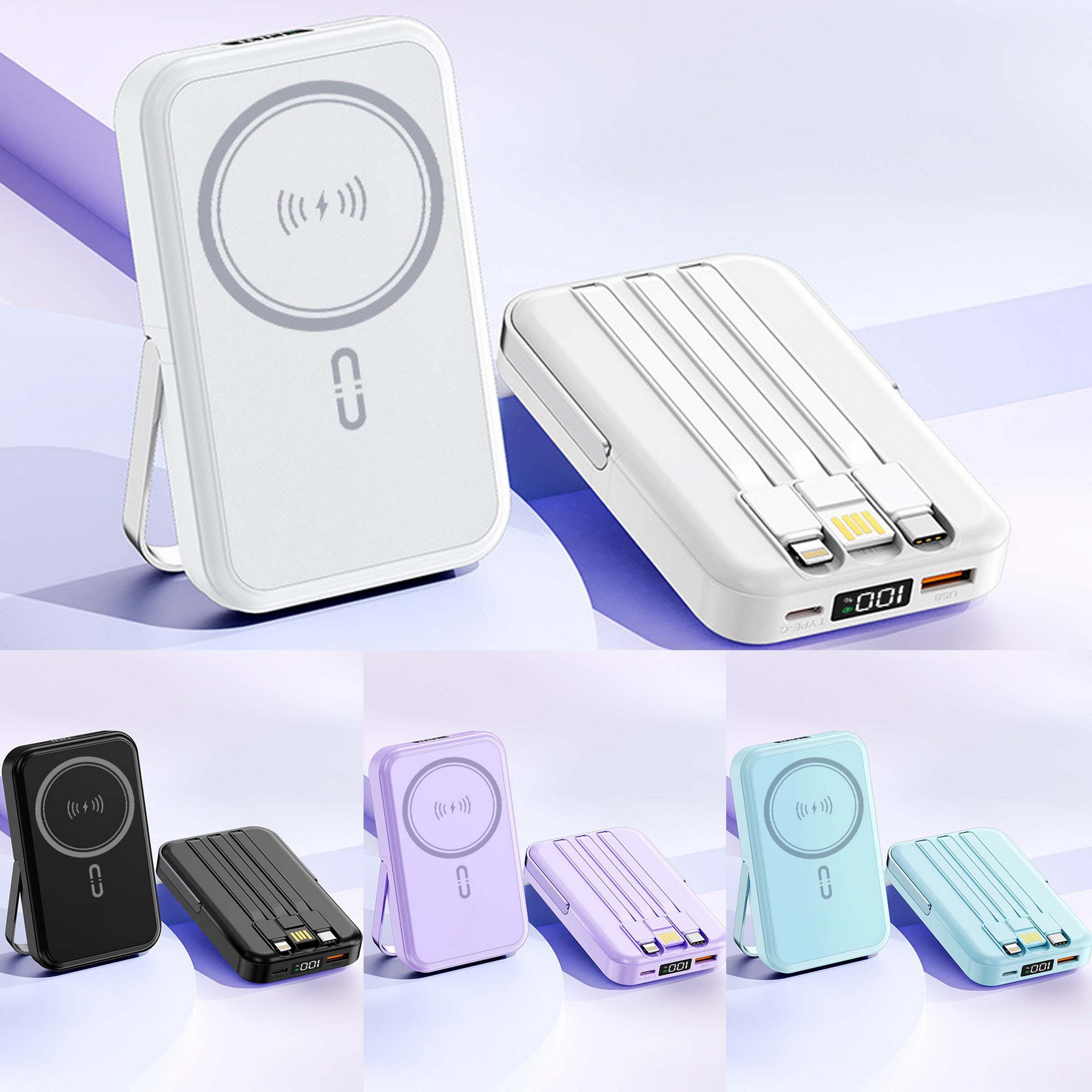 10000mAh Wireless Power Bank with Built-In Cables
